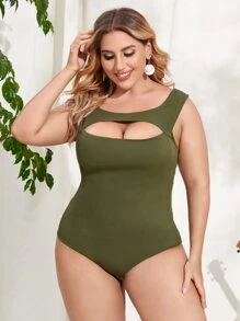 Plus Cut Out Tank Bodysuit - Army Green - View 1