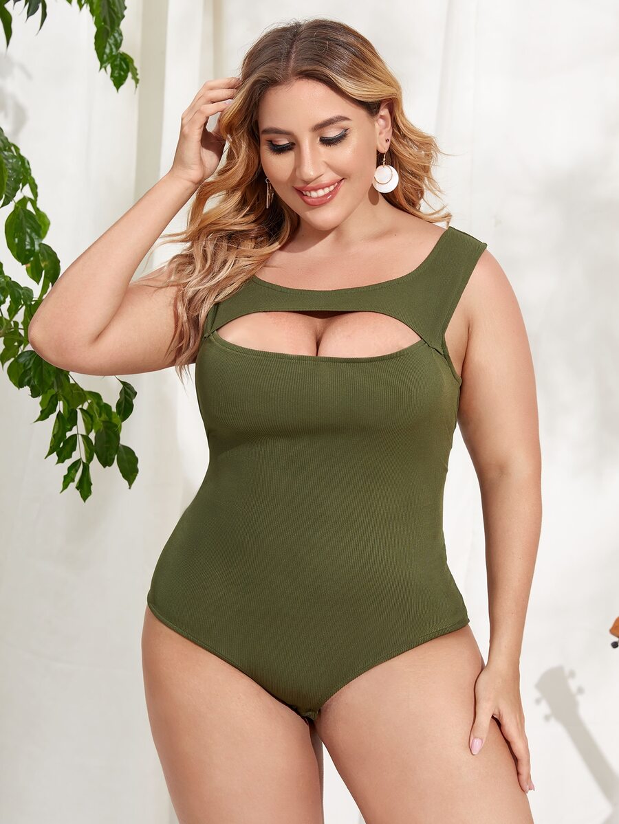 Plus Cut Out Tank Bodysuit - Army Green - View 1