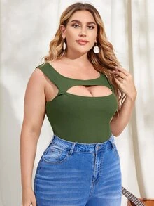 Plus Cut Out Tank Bodysuit - Army Green - View 4