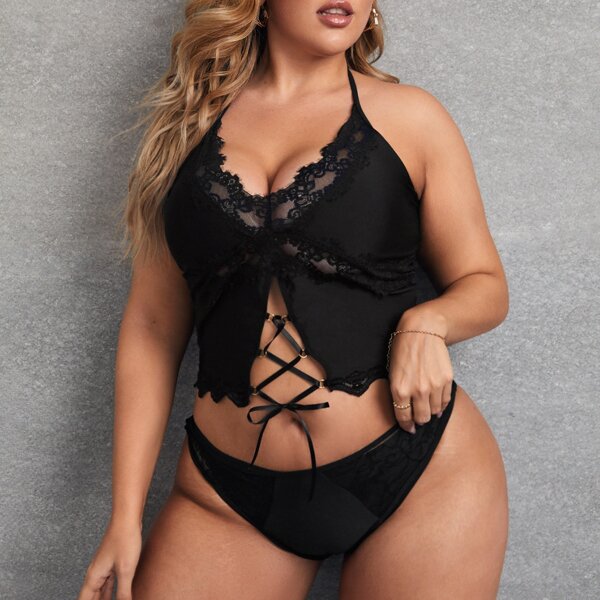 

Plus Contrast Lace Lace-up Lingerie Set, Black