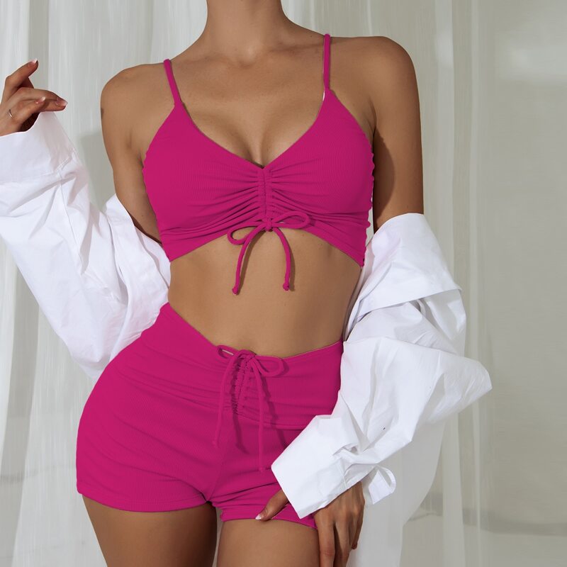 

Rib Drawstring Shorts Bikini Swimsuit, Hot pink
