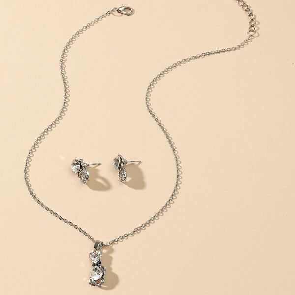 

Rhinestone Cat Charm Necklace & 1pair Drop Earrings, Silver