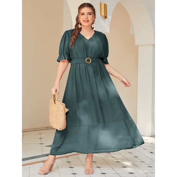 

Plus Swiss Dot Belted A-line Dress, Dark green