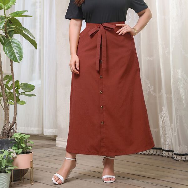 

Plus Solid Top & Button Front Skirt Set, Multicolor