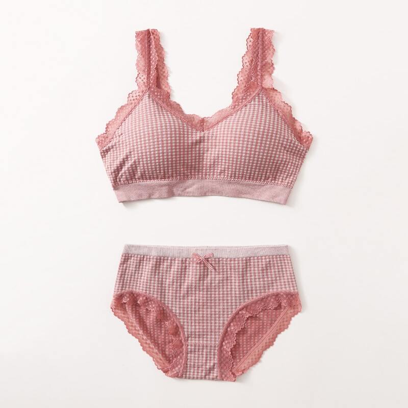 

Plaid Lace Trim Lingerie Set, Pink