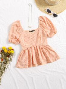 SHEIN VCAY Camisa de guingán bajo con fruncido de manga farol - Albaricoque - Ver 1