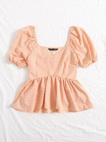 SHEIN VCAY Camisa de guingán bajo con fruncido de manga farol - Albaricoque - Ver 3