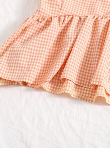 SHEIN VCAY Camisa de guingán bajo con fruncido de manga farol - Albaricoque - Ver 4