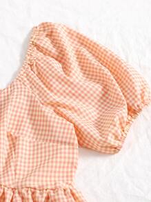 SHEIN VCAY Camisa de guingán bajo con fruncido de manga farol - Albaricoque - Ver 5