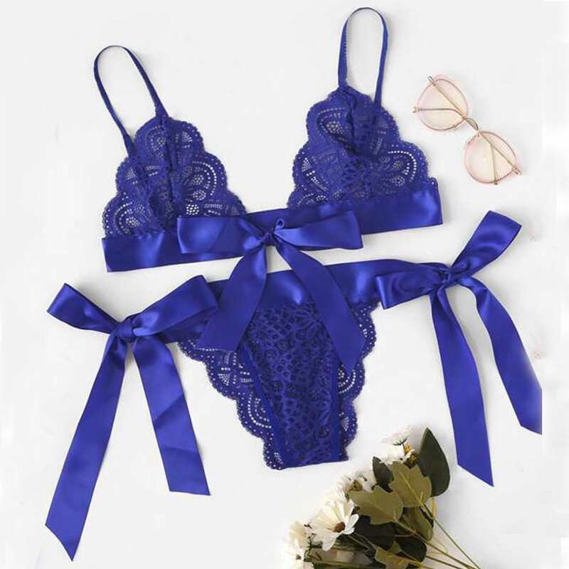 

Scallop Trim Lace Lingerie Set, Royal blue