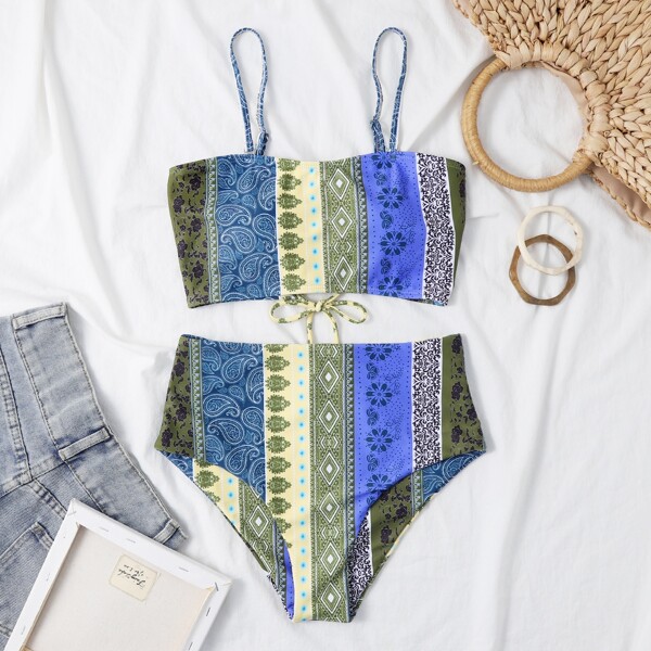 

Paisley & Floral Print Lace-up Back Bikini Swimsuit, Multicolor