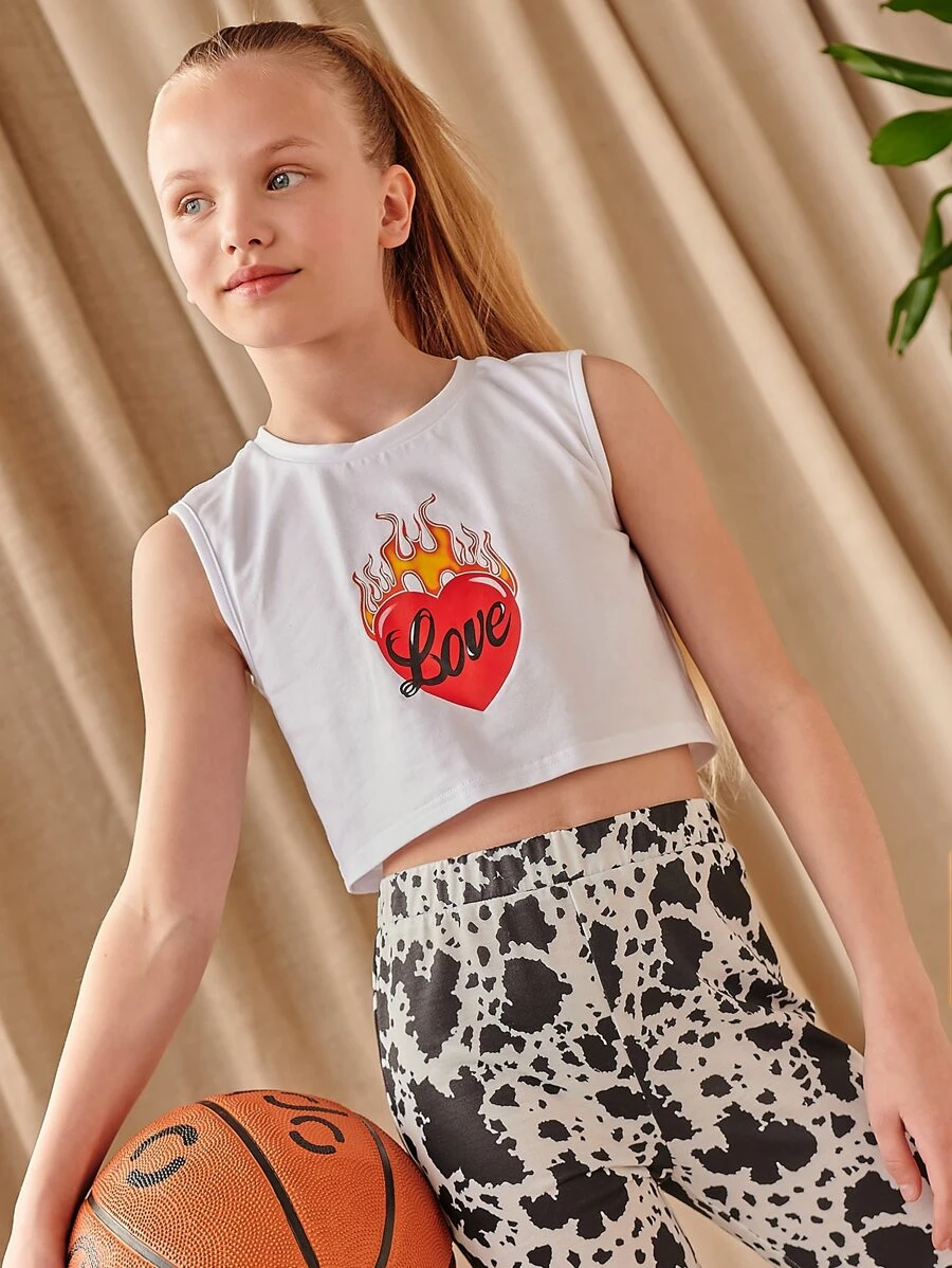 SHEIN Girls Fire & Letter Graphic Tank Top - White - View 1