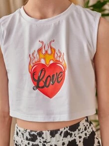 SHEIN Girls Fire & Letter Graphic Tank Top - White - View 4
