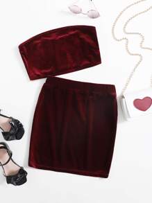 SHEIN 女孩天鵝絨抹胸上衣和半身裙套裝 - 紫紅色 - 查看 1