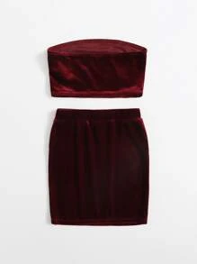SHEIN 女孩天鵝絨抹胸上衣和半身裙套裝 - 紫紅色 - 查看 2