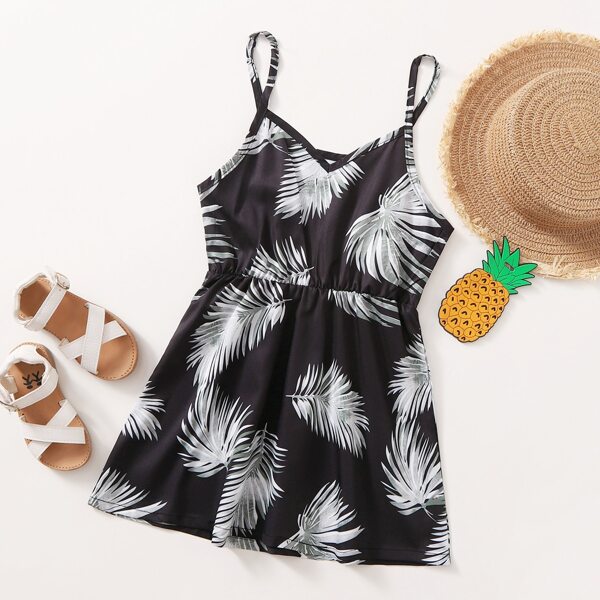 

Girls Tropical Print Cami Dress, Black and white