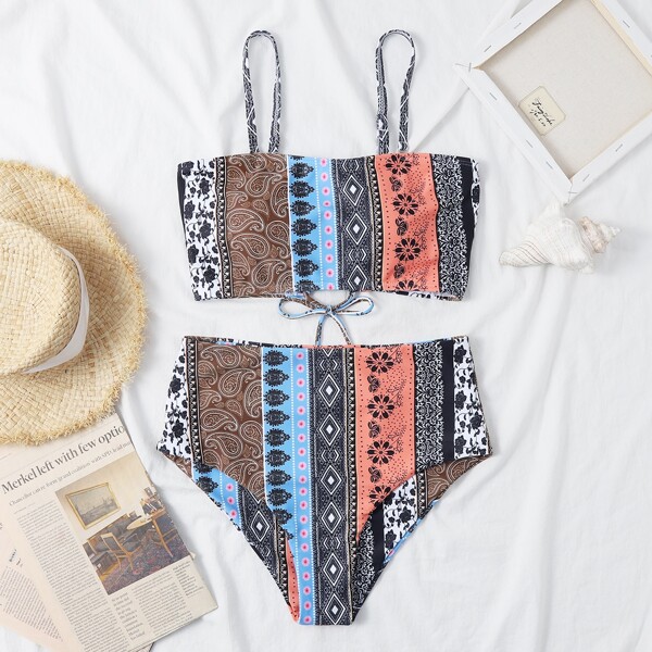 

Paisley & Floral Print Lace-up Back Bikini Swimsuit, Multicolor