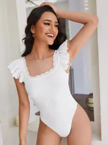SHEIN Frenchy Ruffle Armhole Solid Bodysuit - White - View 1