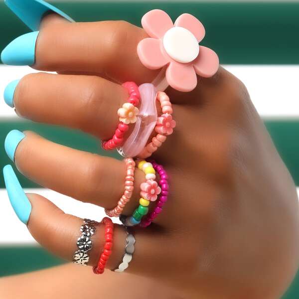 

10pcs Bead Detail Ring, Multicolor