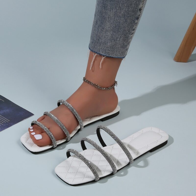 

Rhinestone Strap Slide Sandals, White