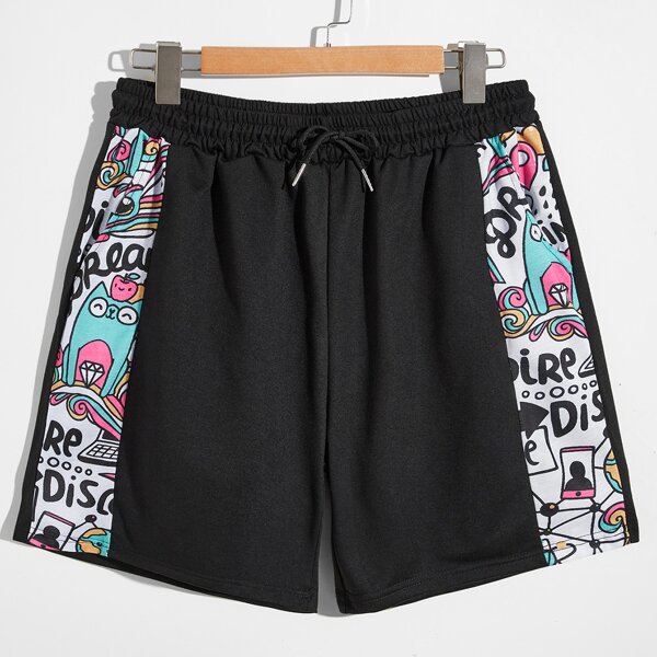 

Men Cartoon & Letter Graphic Drawstring Shorts, Black