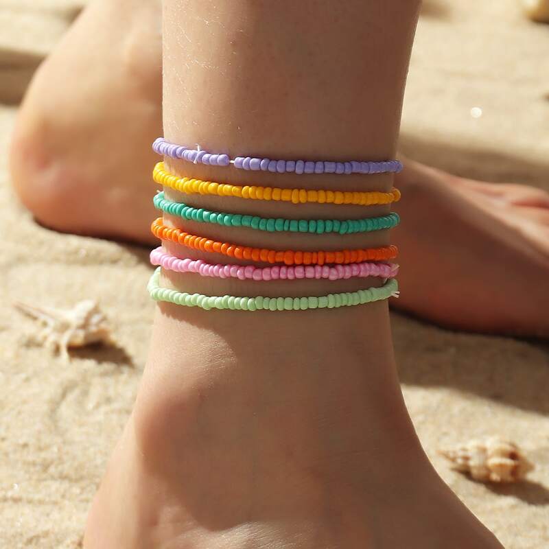

6pcs Beaded Decor Anklet, Multicolor