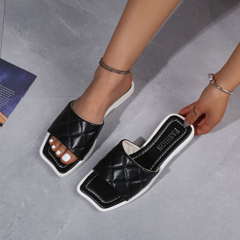 

Quilted Band Slide Sandals, Black