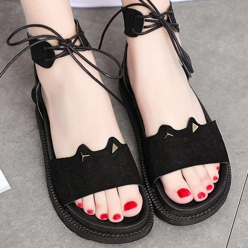 

Ear Decor Lace-up Front Sandals, Black