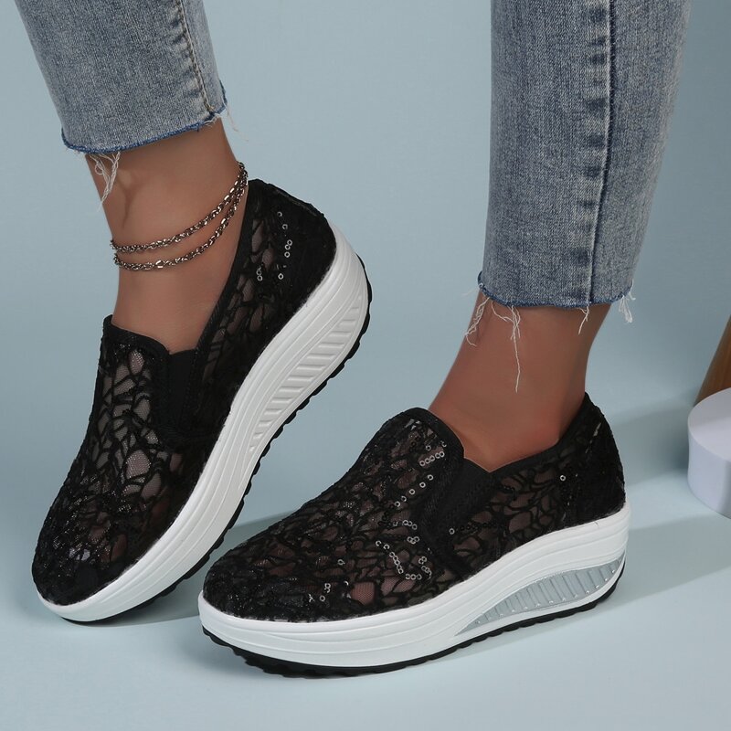 

Floral Lace Sequin Slip On Sneakers, Black