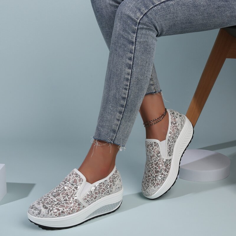 

Floral Lace Sequin Slip On Sneakers, White