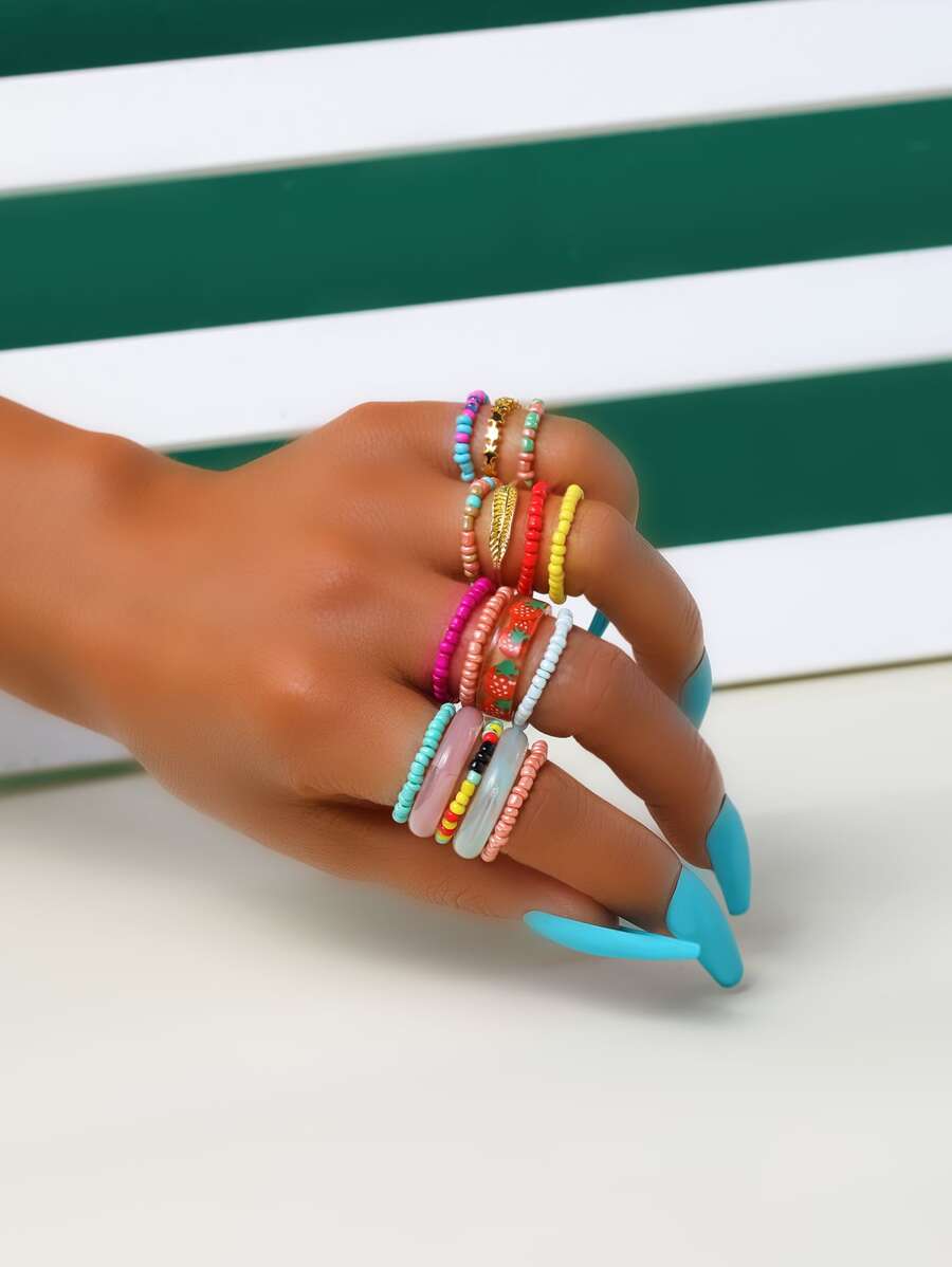 16pcs Bead Detail Ring - Multicolor - View 1