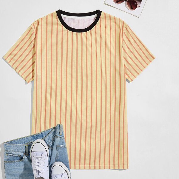 

Men Striped Round Neck Tee, Yellow