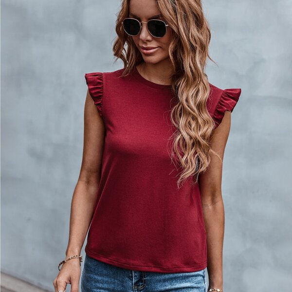 

Frill Trim Solid Tee, Burgundy