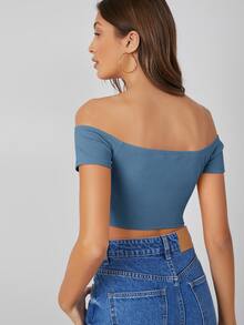 SHEIN BASICS Camiseta crop algodón de hombros descubiertos unicolor - Neblina azul - Ver 2
