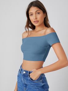 SHEIN BASICS Camiseta crop algodón de hombros descubiertos unicolor - Neblina azul - Ver 3