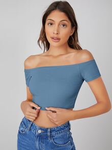 SHEIN BASICS Camiseta crop algodón de hombros descubiertos unicolor - Neblina azul - Ver 4