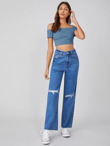 SHEIN BASICS Camiseta crop algodón de hombros descubiertos unicolor - Neblina azul - Ver 5
