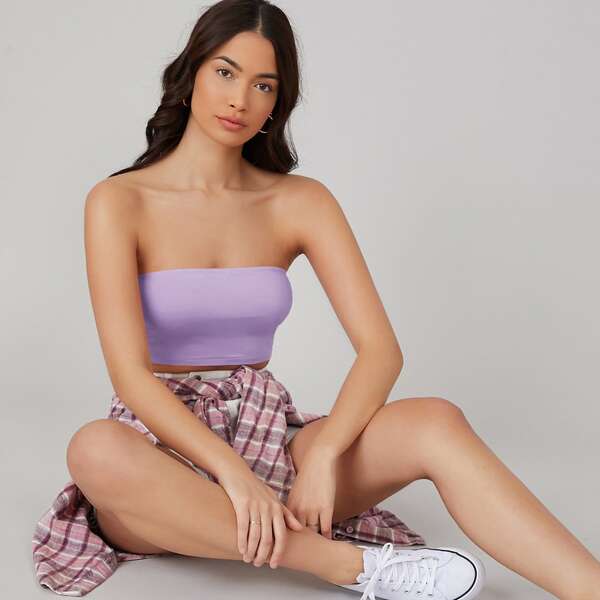 

Solid Form Fitted Crop Tube Top, Lilac purple