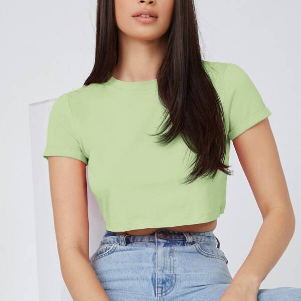 

Cuffed Sleeve Solid Crop Tee, Lime green