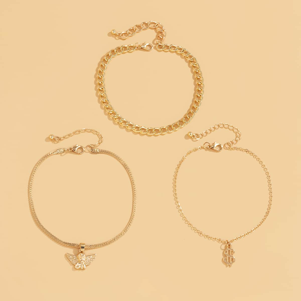 

3pcs Figure Charm Chain Anklet, Gold