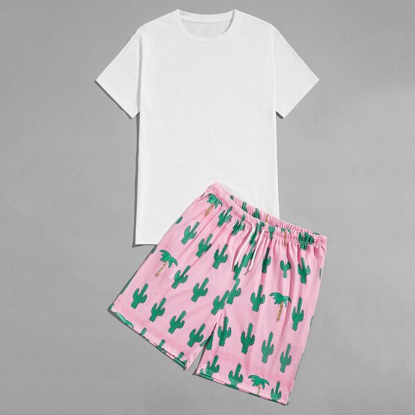 

Men Solid Tee & Cactus Print Track Shorts, Multicolor