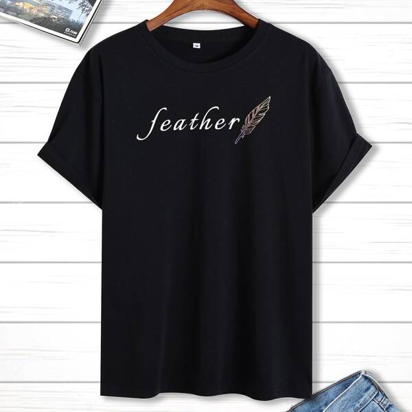 

Men Feather And Letter Graphic Tee, Black