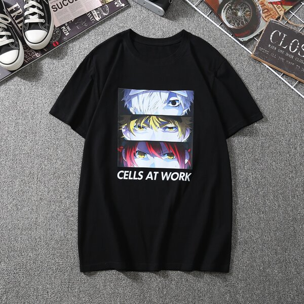 

Men Slogan & Figure Graphic Tee, Black