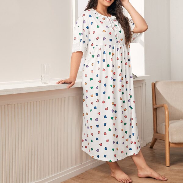 

Plus Tie Front Eyelet Embroidered Trim Allover Heart Nightdress, White