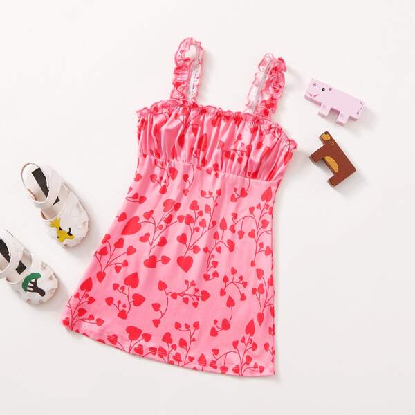 

Toddler Girls Heart Print Lettuce Trim Milkmaid Dress, Pink