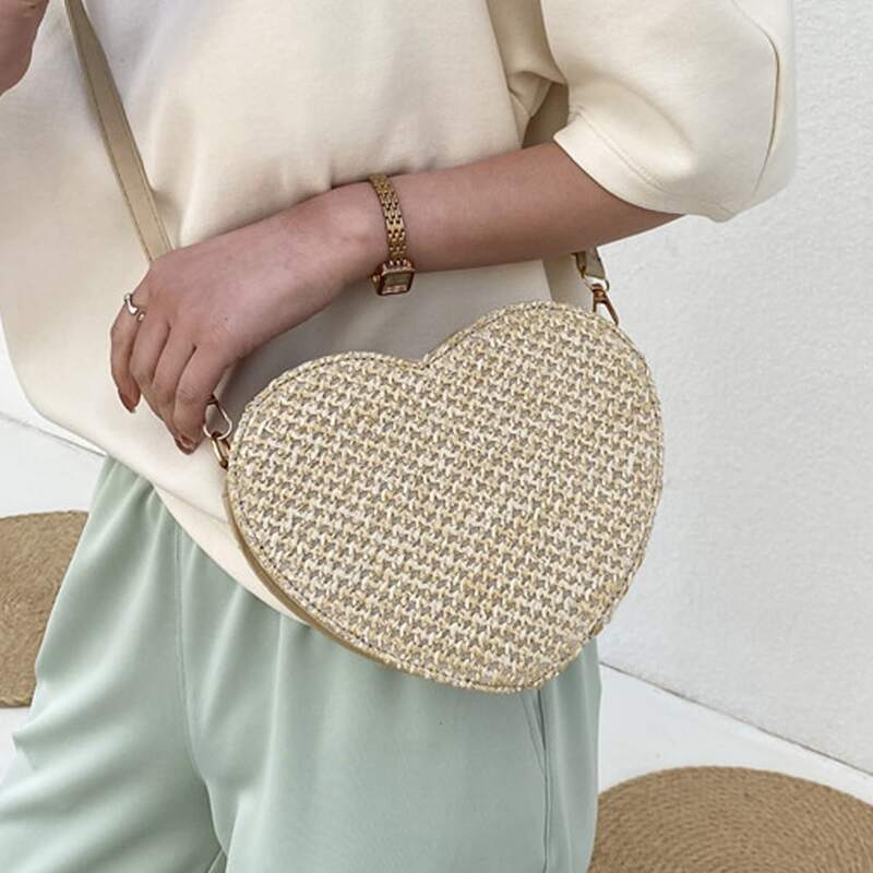 

Heart Straw Crossbody Bag, Khaki