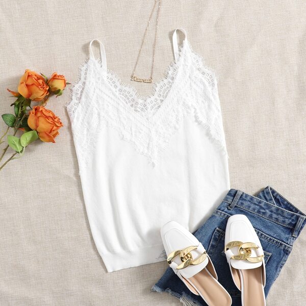 

Contrast Lace Solid Knit Top, White