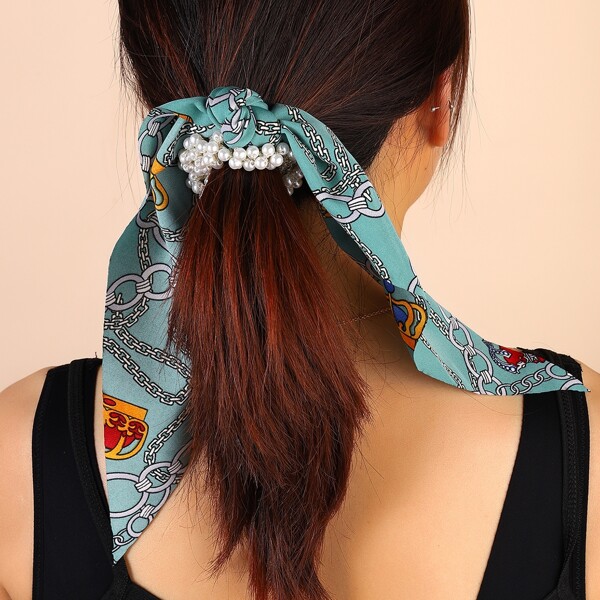 

Chain Print Hair Tie, Cadet blue