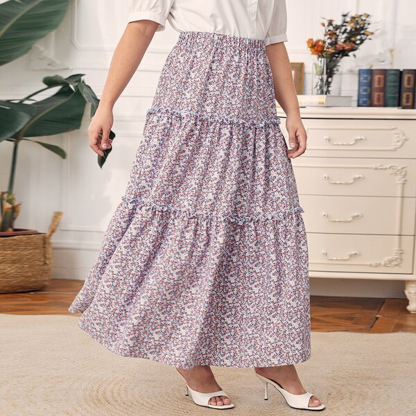 

Plus Layered Frill Trim Ditsy Floral Skirt, Purple
