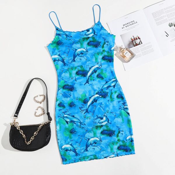 

Lettuce Trim Dolphin Print Bodycon Dress, Multicolor